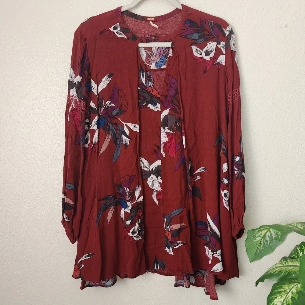Free People Floral Electric Orchid Maroon Red Keyhole Tunic Dress Boho Casual XS